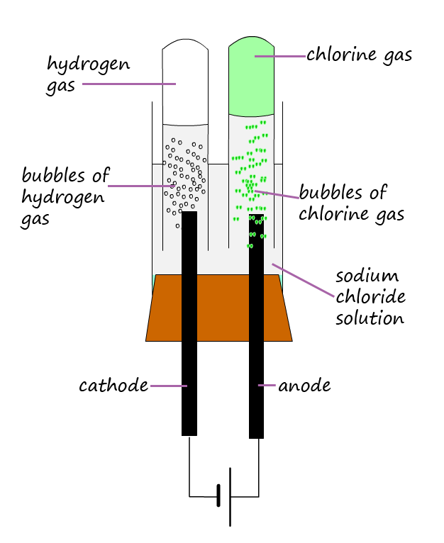 Diagram shows the products forming at the anode and cathode for the electroylsis of sodium chloride solution